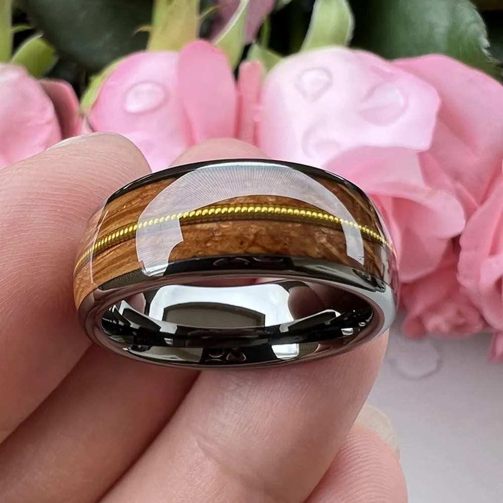 8mm Silver/Black/Gunmetal/Gold Tungsten Rings for Men Women Engagement Wedding Bands Whisky Wood Guitar String Inlay Domed Polished Comfort Fit