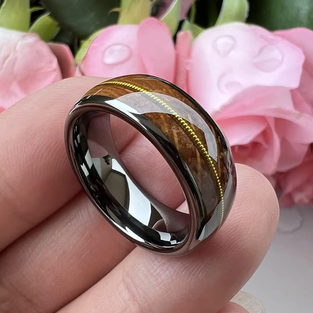 8mm Silver/Black/Gunmetal/Gold Tungsten Rings for Men Women Engagement Wedding Bands Whisky Wood Guitar String Inlay Domed Polished Comfort Fit