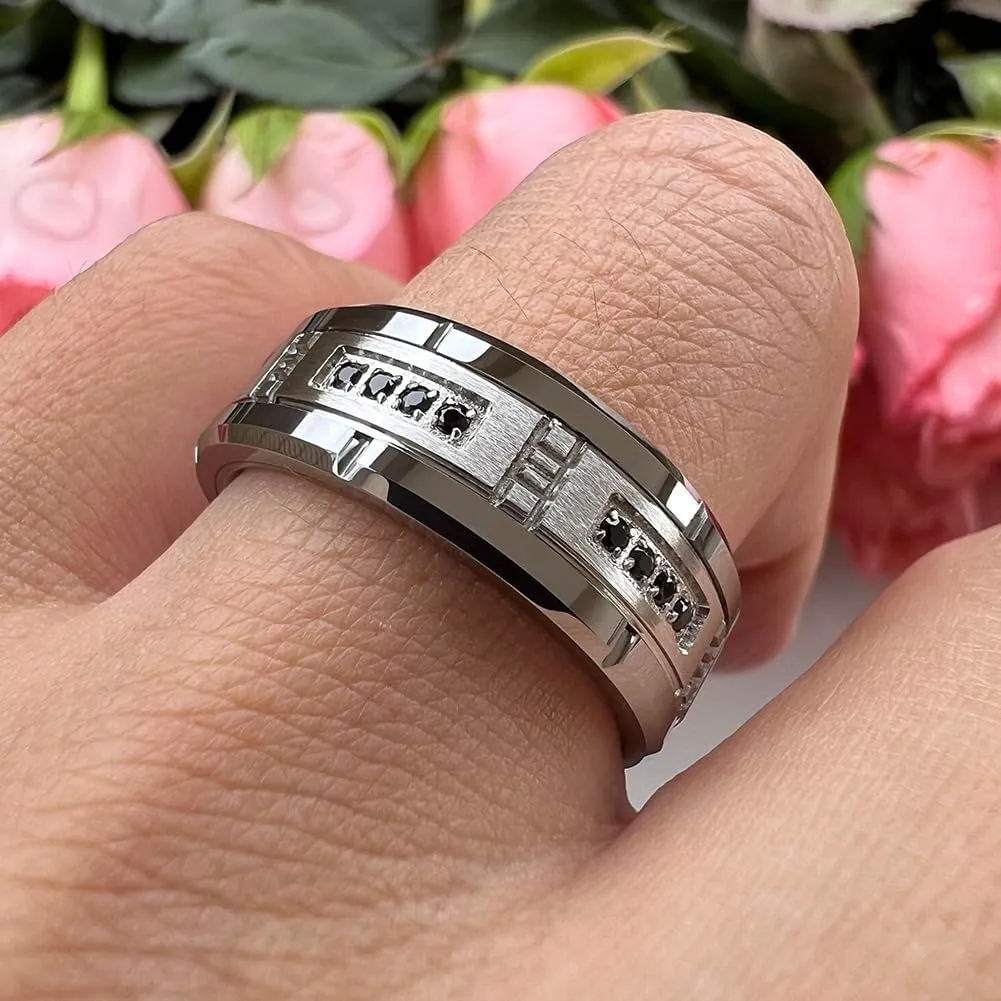 8mm Tungsten Rings for Couple Men Women Cubic Zirconia Cz Stone All Around Eternity Anniversary Engagement Wedding Bands Fashion Jewelry Matte Polished Comfort Fit