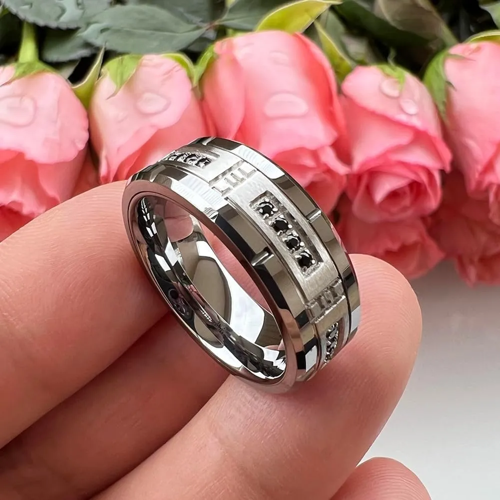 8mm Tungsten Rings for Couple Men Women Cubic Zirconia Cz Stone All Around Eternity Anniversary Engagement Wedding Bands Fashion Jewelry Matte Polished Comfort Fit