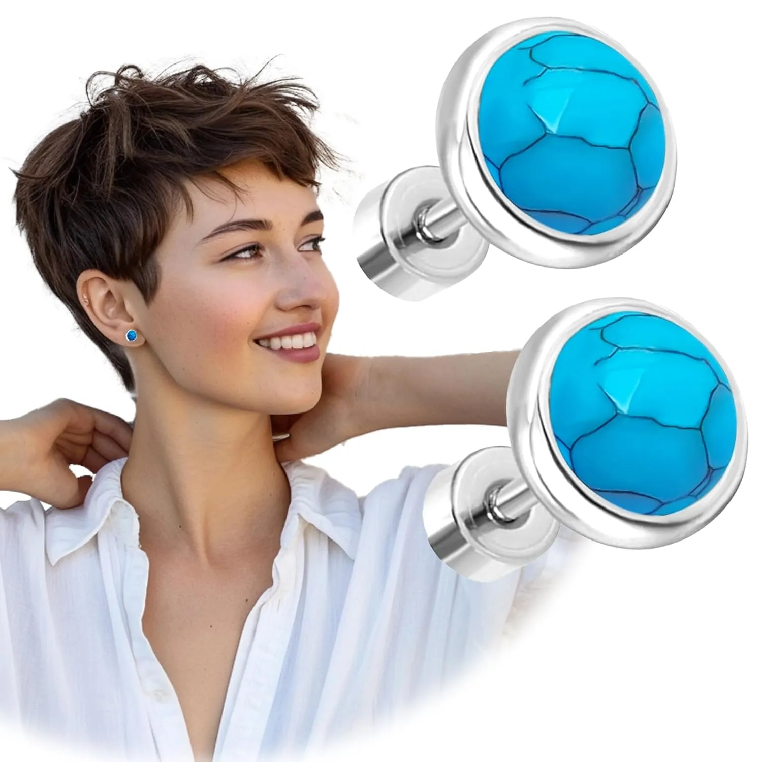 8mm Turquoise Stud Earrings for Women, WGXIA Flat Back Round Gemstone Studs Stainless Steel Jewelry Gifts for Graduation Anniversary