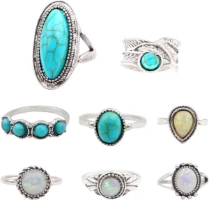 8pcs Bohemian Joint Stackable Knuckle Rings Set Vintage Oval Turquoise Finger Ring Opal Gem Teardrop Feather Midi Ring Punk Leaf Rings Bulk for Women Party Daily Jewelry Gifts