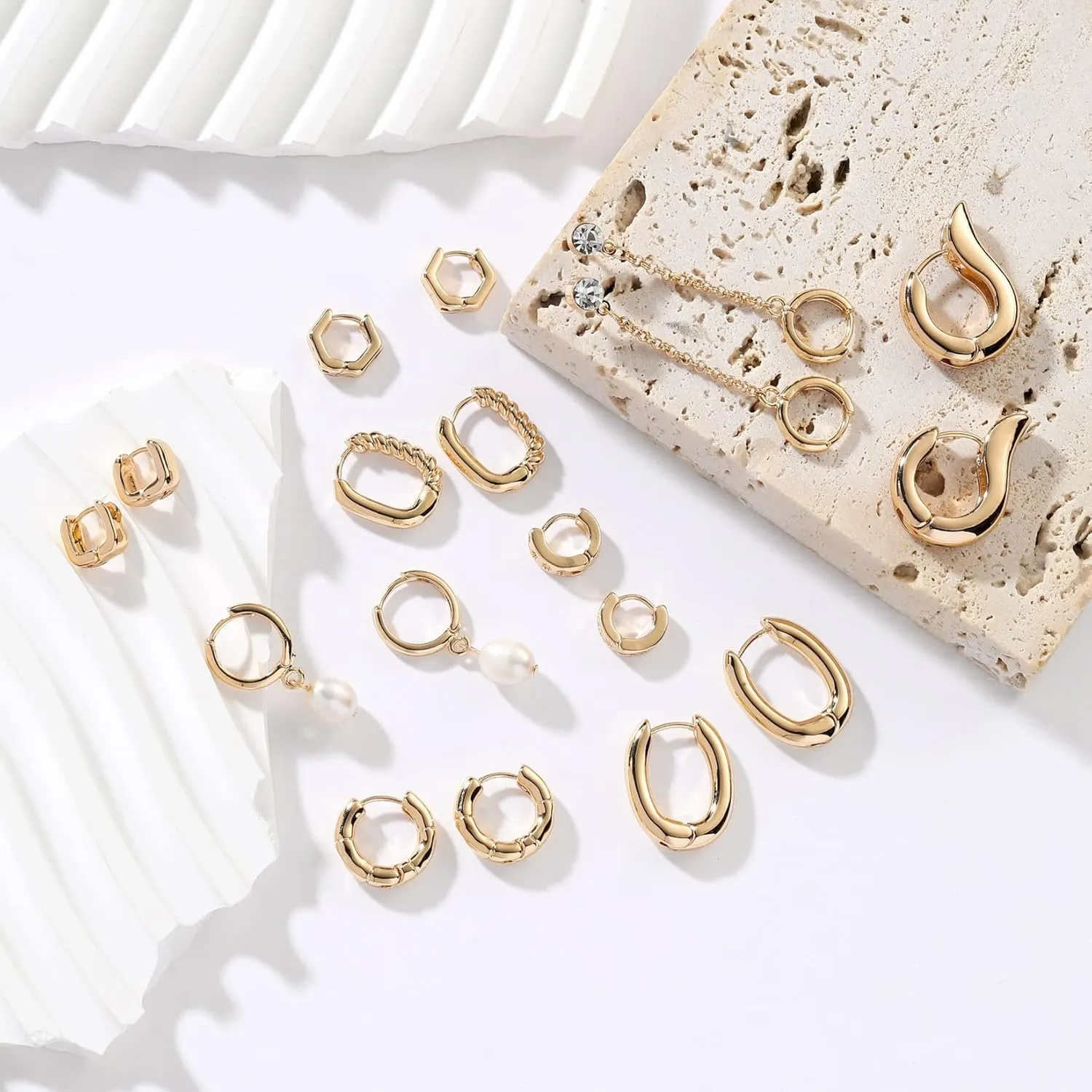 9 Pairs Gold Chunky Hoop Earrings Set for Women, 14K Gold Plated Twisted Huggie Hoop Earring Hypoallergenic, Lightweight Thick Open Hoops Earrings Jewelry Gifts.