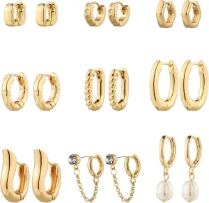 9 Pairs Gold Chunky Hoop Earrings Set for Women, 14K Gold Plated Twisted Huggie Hoop Earring Hypoallergenic, Lightweight Thick Open Hoops Earrings Jewelry Gifts.