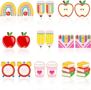 9 Pairs Theme Enamel Stud Earrings for Women Rainbow Pencil Book Stud Earrings Set for Graduation Teacher Appreciation Gift Back to Decoration