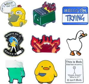 9 PC Funny Pins Fun Enamel Pin Set Sarcastic Cool Cute Metal Lapel for Adults Backpacks Bag Hat Lanyard Buttons Vest This is Fine Dumpster Fire Frog Bob Salty Duck Goose Novelty Accessories