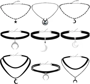 9 Pcs Gothic Choker Necklace for Women Black Star Moon Vintage Y2k Rock Necklace for Mother's Day Jewelry Gift