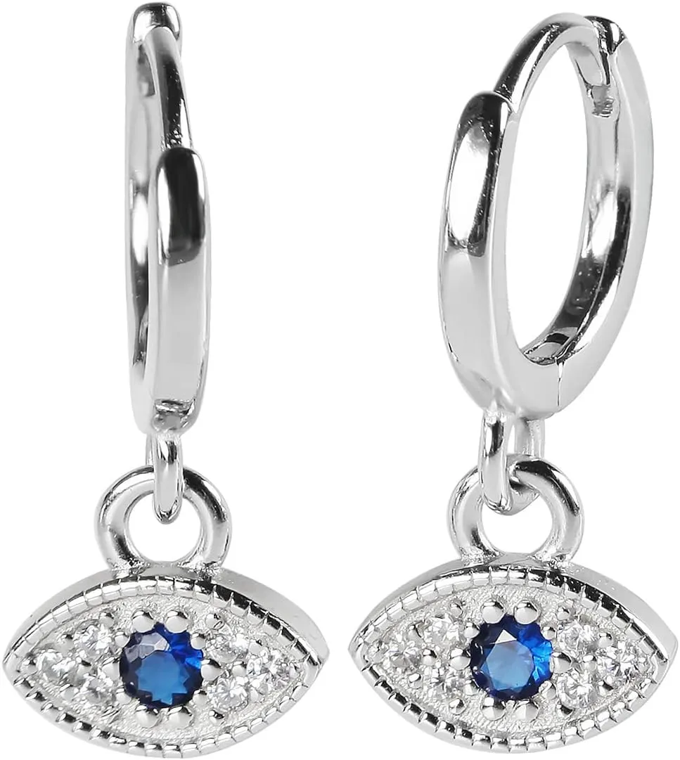 925 silver earrings Sterling eye earrings/Bar stud earrings/Ball earrings/Synthetic cubic zirconia ear stud/Rhinestone earrings/Imitation diamond, blue, 19 x 8 x 1.5mm