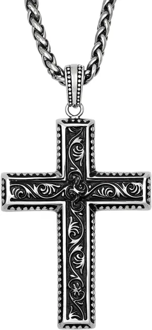 925 Silver Plated Cross Necklace for Men 24 Inches Wheat Chain Lobster Claw, Mens Cross Pendant,Mens Necklace