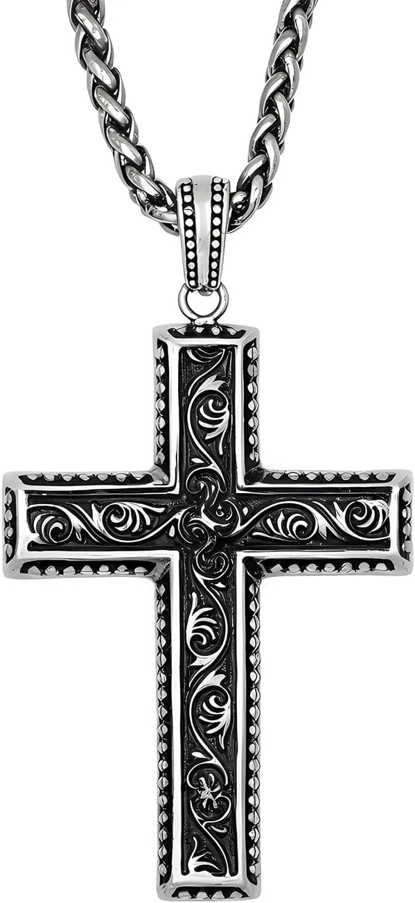 925 Silver Plated Cross Necklace for Men 24 Inches Wheat Chain Lobster Claw, Mens Cross Pendant,Mens Necklace