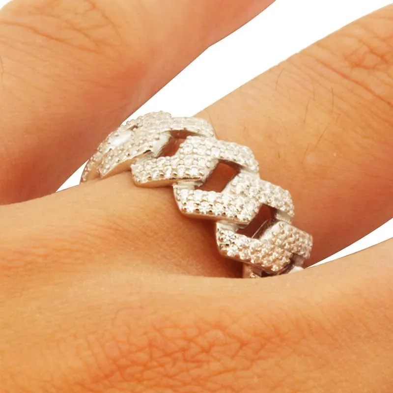 925 Sterling Silver 14K White/Yellow Gold Finish AAA Cubic Zirconia 9MM Cuban Link Band Ring For Men Fine Jewelry