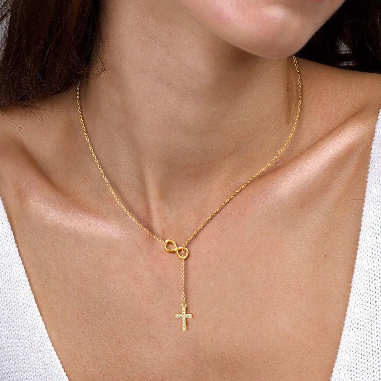 925 Sterling Silver Cross Necklace for Women - Infinity Necklaces for Girls Christian Cross Faith Y-Necklaces Pendant Dainty Trendy Religious Gifts for Her Birthday Baptism