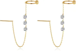 925 Sterling Silver Cuff Chain Threader Earrings for Women, 18K Gold Plated Crawler Earrings Statement Wrap Tassel Earring, Cartilage Jewelry for women