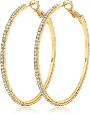 925 Sterling Silver Earrings Large Rhinestone Hoop Earrings Big Cubic Zirconia Hoop Earrings Thin Rhinestones Round Hoop Earrings for Women 20/30/40/50/60/70mm Sparkly Hoops With Crystals for Womens