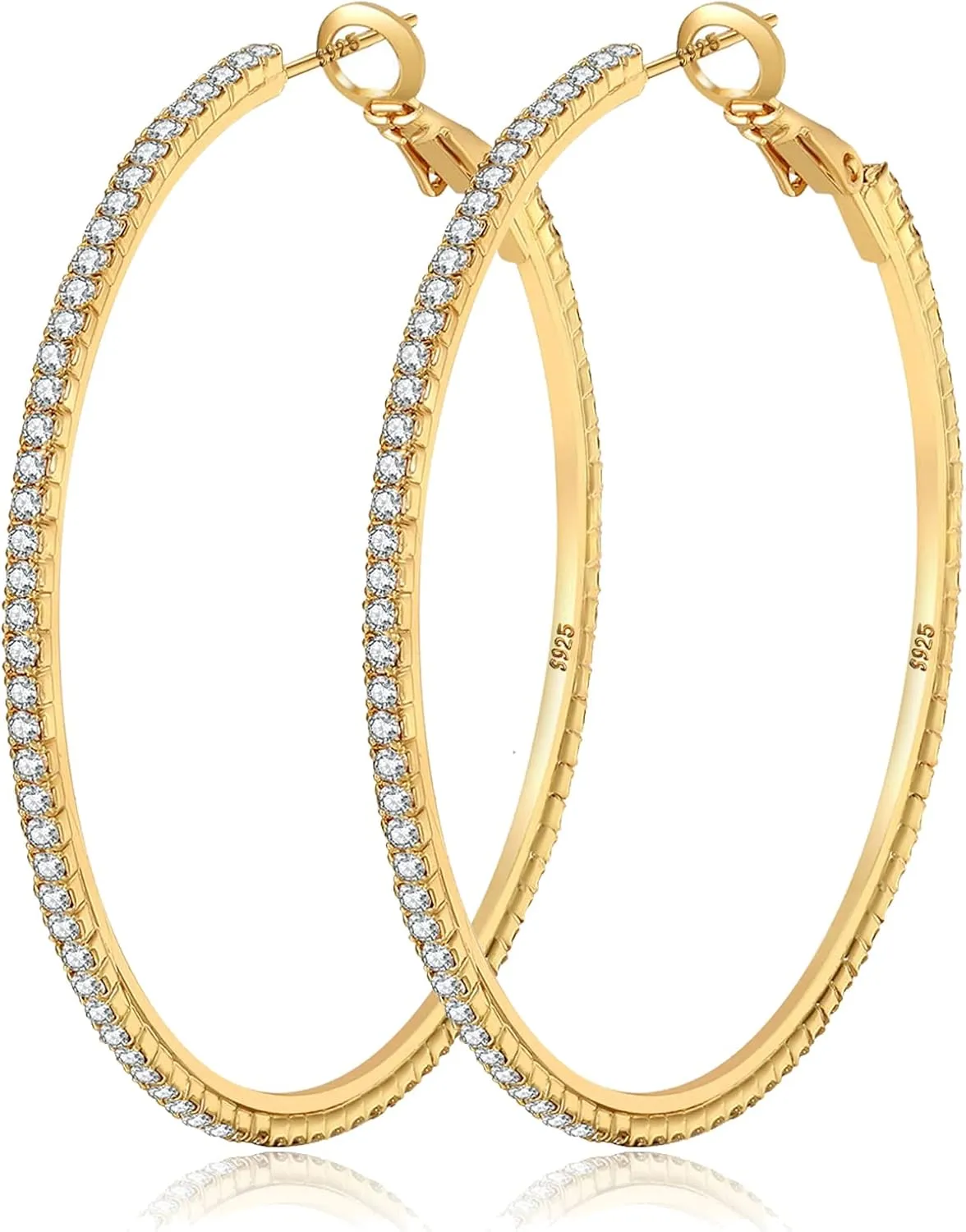 925 Sterling Silver Earrings Large Rhinestone Hoop Earrings Big Cubic Zirconia Hoop Earrings Thin Rhinestones Round Hoop Earrings for Women 20/30/40/50/60/70mm Sparkly Hoops With Crystals for Womens