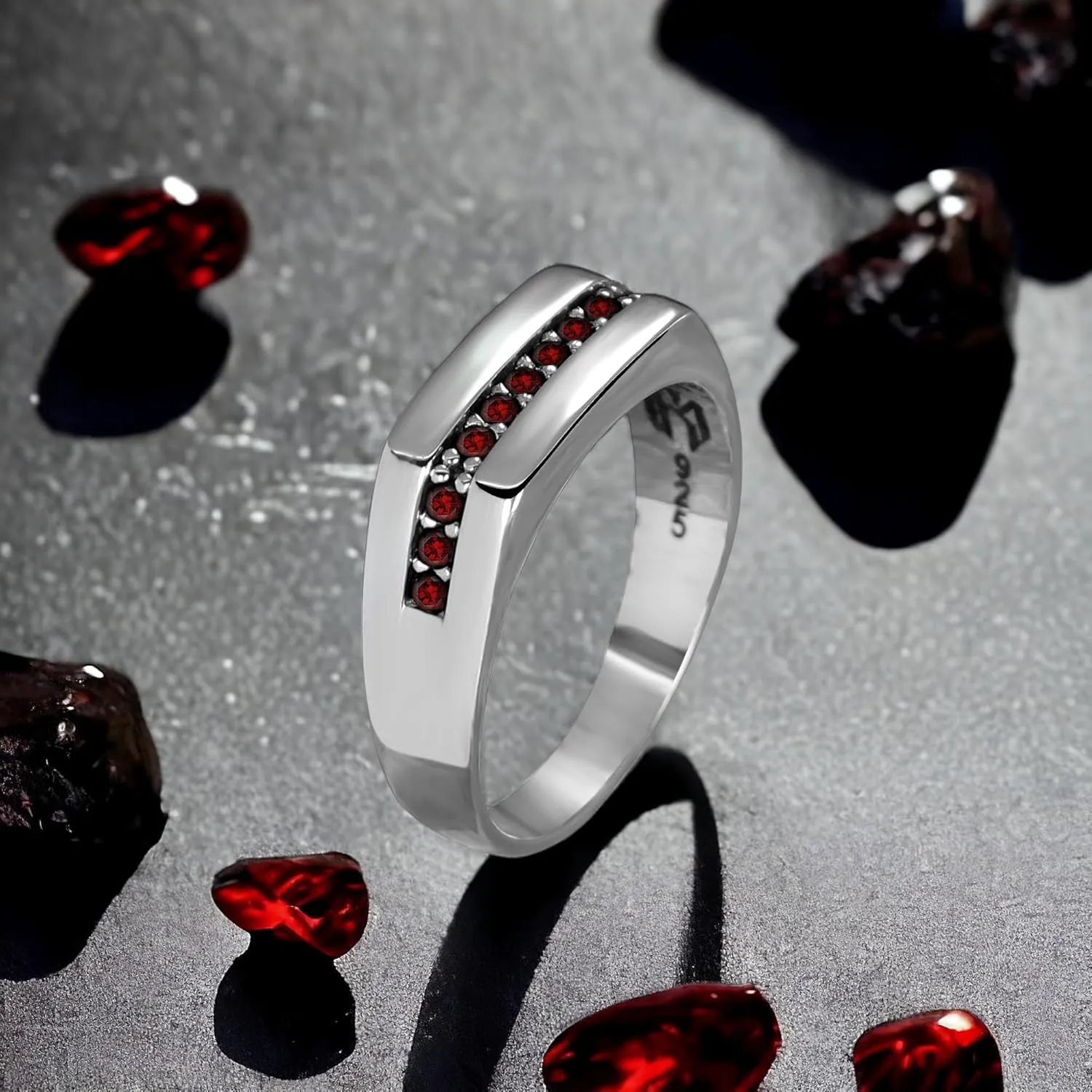 925 Sterling Silver Men's Ring, Engagement Ring for Men, Handmade Wedding Ring with Gemstones, Silver Wedding Band, Elegant Silver Band Ring (Garnet, 14)
