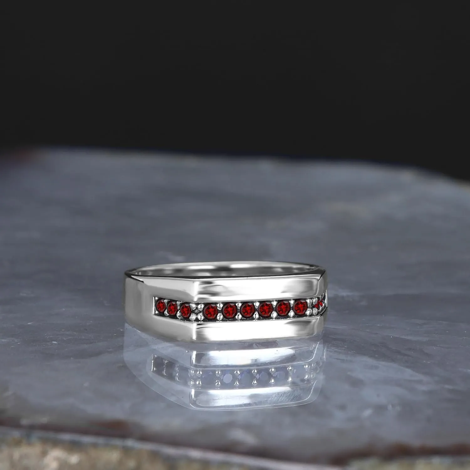 925 Sterling Silver Men's Ring, Engagement Ring for Men, Handmade Wedding Ring with Gemstones, Silver Wedding Band, Elegant Silver Band Ring (Garnet, 14)
