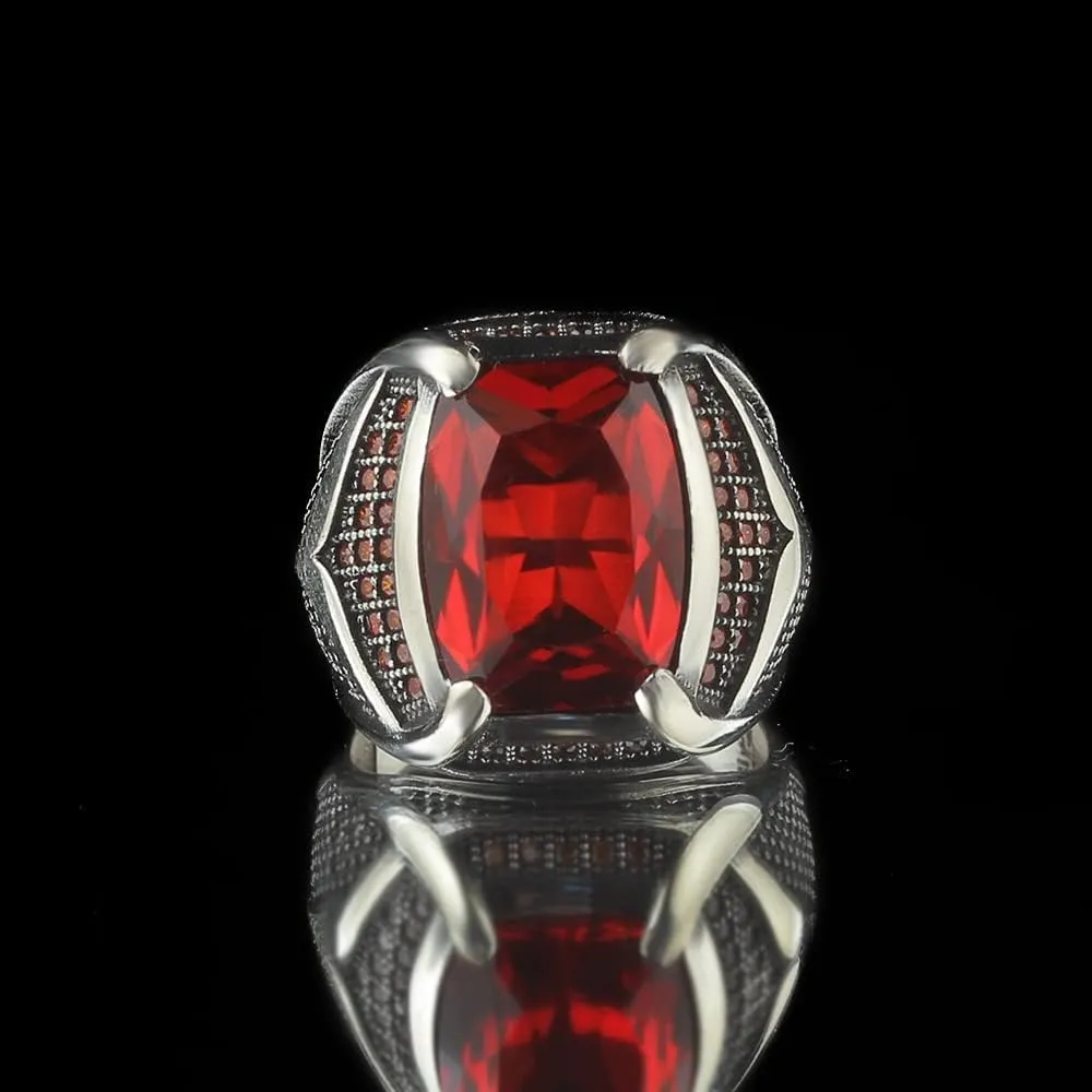 925 Sterling Silver Men's Ring with Garnet Stone, Handmade Garnet Stone Silver Ring, Gift for Him, Anniversary Gift (10)