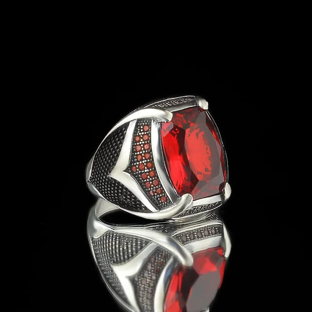 925 Sterling Silver Men's Ring with Garnet Stone, Handmade Garnet Stone Silver Ring, Gift for Him, Anniversary Gift (10)