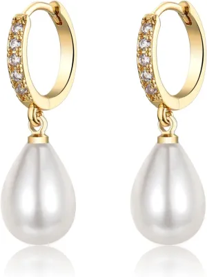 925 Sterling Silver Pearl Earrings for Women,Hypoallergenic Gold Pearl Drop Earrings with 5A  Cubic Zirconia Huggie Hoop Jewelry Gifts for Women Ladies (Silver & Gold)