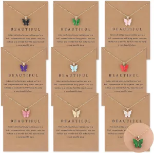 9Pcs 9 Colors Bohemian Butterfly Pendant Necklace Set,Boho Adjustable Acrylic Butterfly Chain Necklace,Choker Necklace Butterfly Necklaces for Women(Gold Card)
