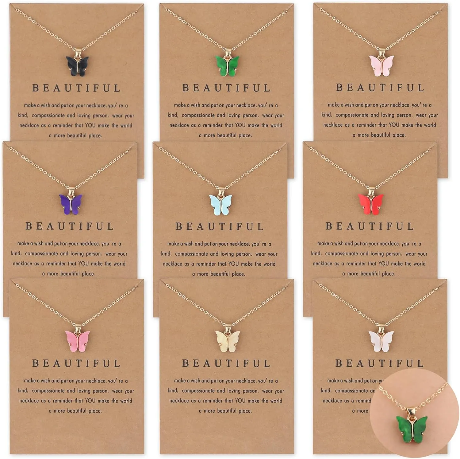 9Pcs 9 Colors Bohemian Butterfly Pendant Necklace Set,Boho Adjustable Acrylic Butterfly Chain Necklace,Choker Necklace Butterfly Necklaces for Women(Gold Card)