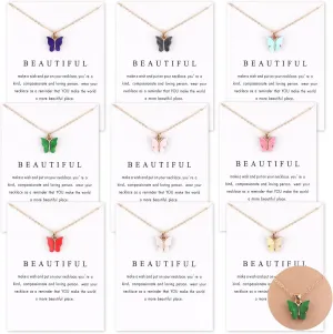 9Pcs 9 Colors Bohemian Butterfly Pendant Necklace Set,Boho Adjustable Acrylic Butterfly Chain Necklace,Choker Necklace Butterfly Necklaces for Women(White Card)