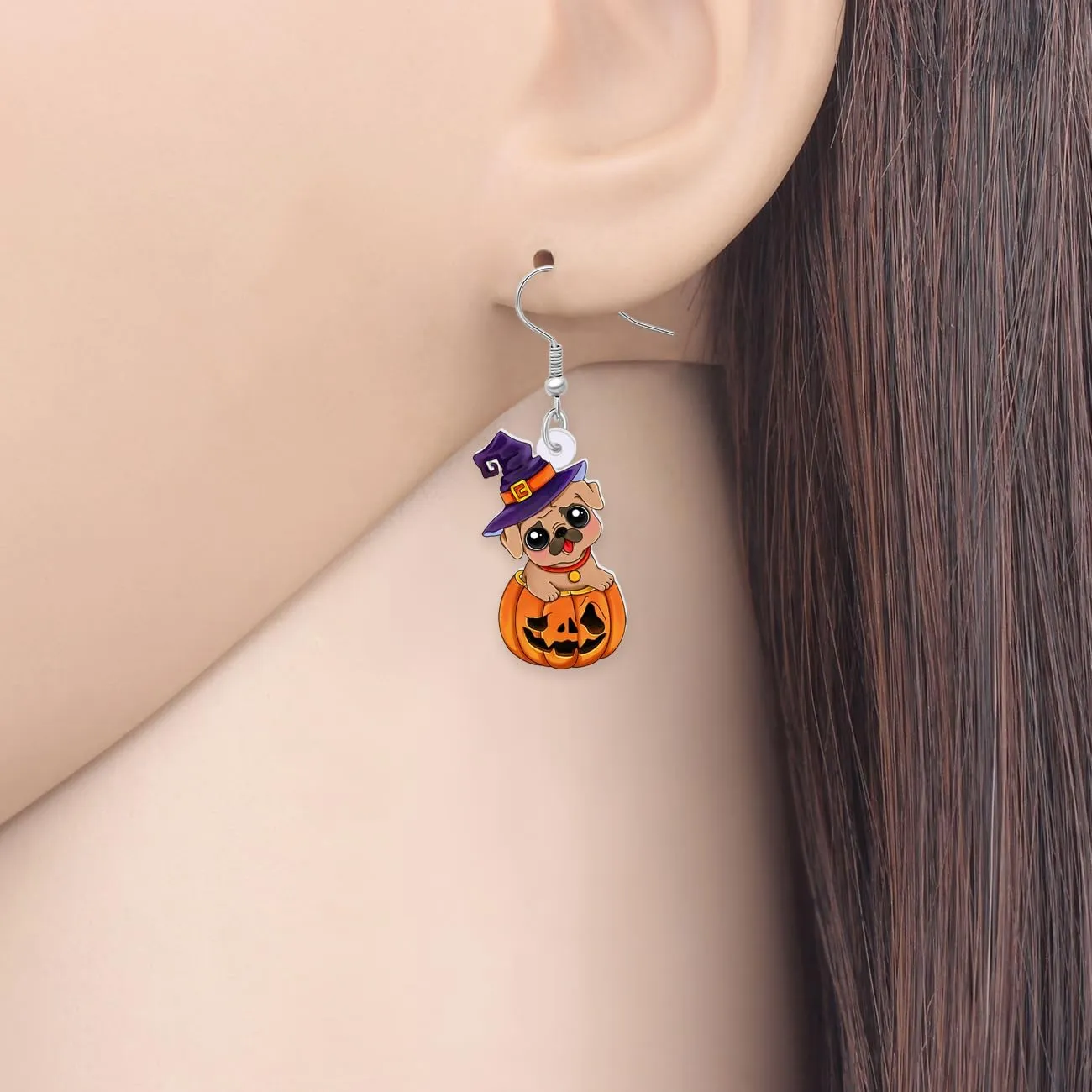 Acrylic Creative Cute Halloween Dog with Pumpkin Earrings for Women Dog Mom Gifts Wizard Hat Puppy Dangle Hook Earrings Jewelry Gift for Pets Lovers