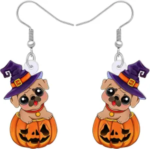 Acrylic Creative Cute Halloween Dog with Pumpkin Earrings for Women Dog Mom Gifts Wizard Hat Puppy Dangle Hook Earrings Jewelry Gift for Pets Lovers