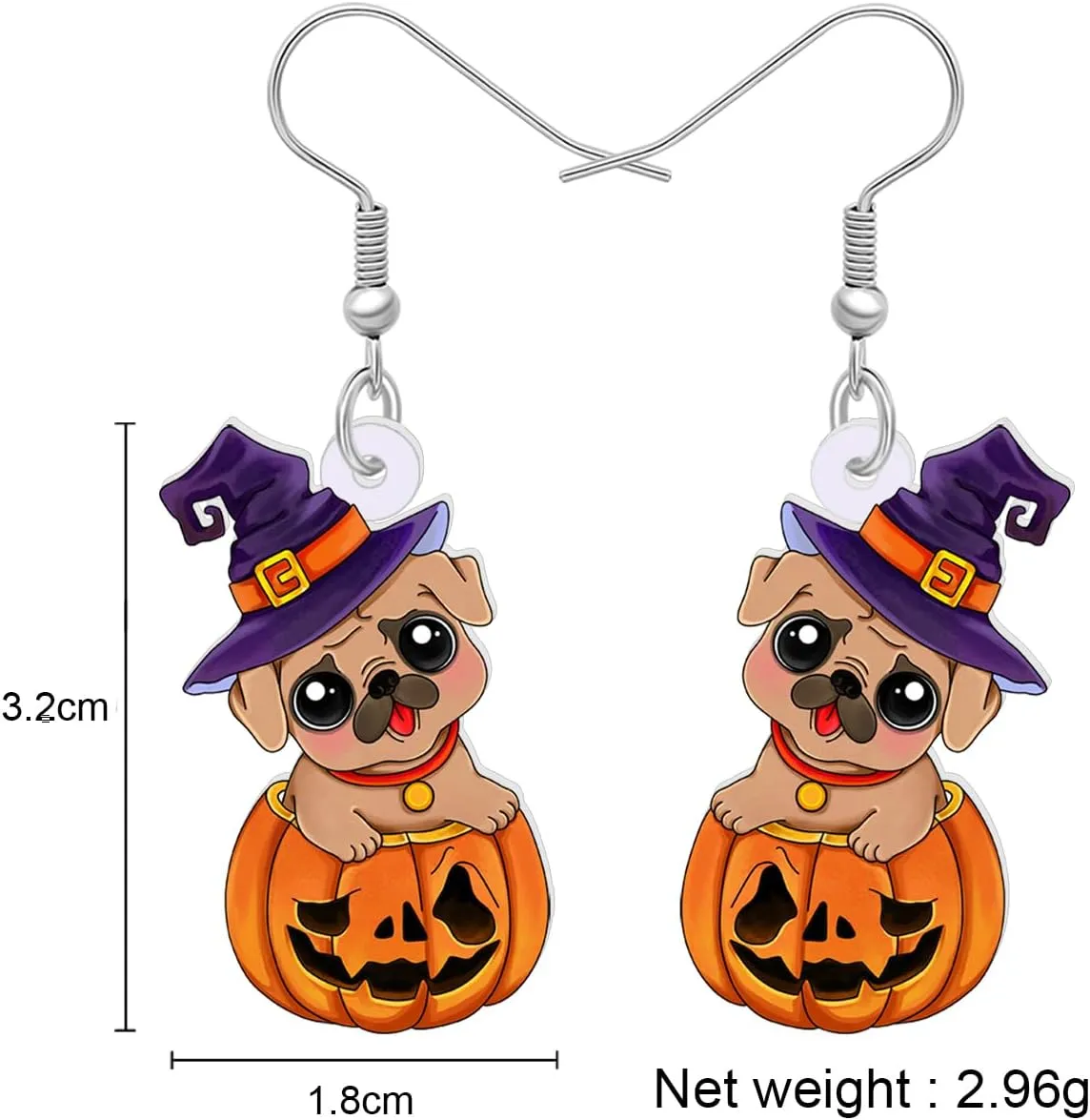Acrylic Creative Cute Halloween Dog with Pumpkin Earrings for Women Dog Mom Gifts Wizard Hat Puppy Dangle Hook Earrings Jewelry Gift for Pets Lovers