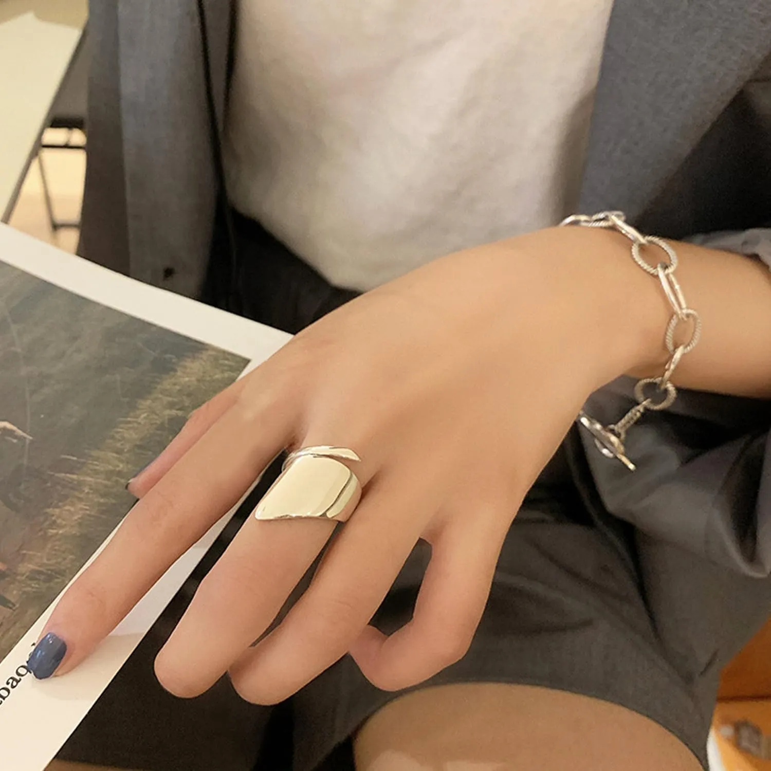 Adjustable 925 Sterling Silver Rings Handmade Wide Silver Ring Boho Thumb Band Statement Rings for Women