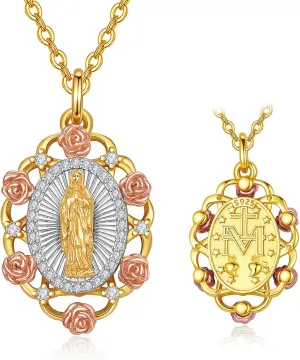 AENEAS Virgin Mary Necklace for Women Gold Filled Sterling Silver Our Lady of Guadalupe Pendant Rose Flower Miraculous Medal Jewelry Gift for Mom Wife