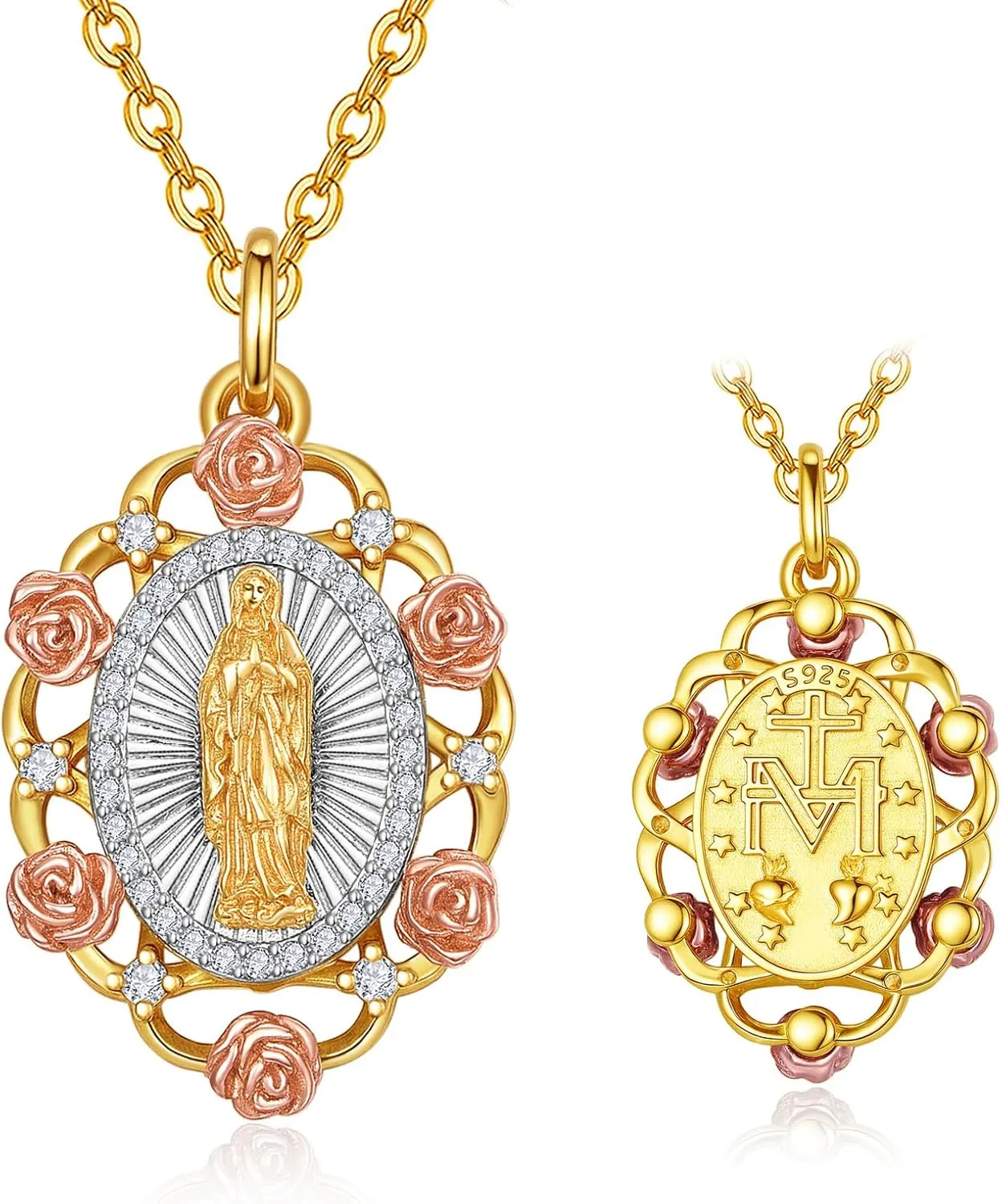 AENEAS Virgin Mary Necklace for Women Gold Filled Sterling Silver Our Lady of Guadalupe Pendant Rose Flower Miraculous Medal Jewelry Gift for Mom Wife