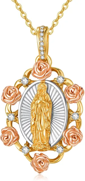 AENEAS Virgin Mary Necklace Gold Filled Sterling Silver Mother Mary Necklace Rose Flower Pendant Miraculous Jewelry Blessed Virgen De Guadalupe Jewellry Mother's Day Gifts for Women