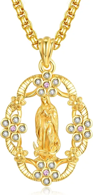 AENEAS Virgin Mary Necklace Miraculous Medal Women Medalla de la Virgen Milagrosa Virgen de Guadalupe Gift Jewelry for Birthday Christmas