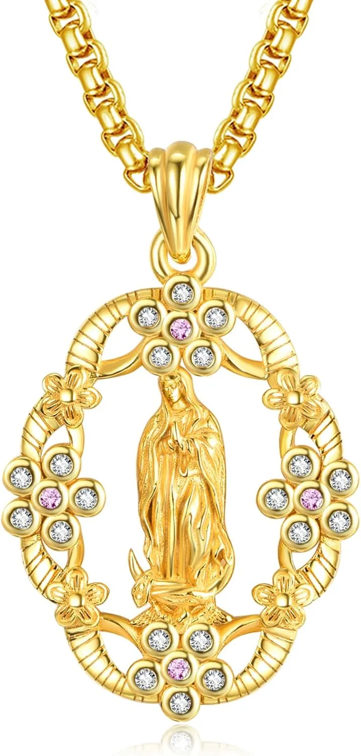 AENEAS Virgin Mary Necklace Miraculous Medal Women Medalla de la Virgen Milagrosa Virgen de Guadalupe Gift Jewelry for Birthday Christmas
