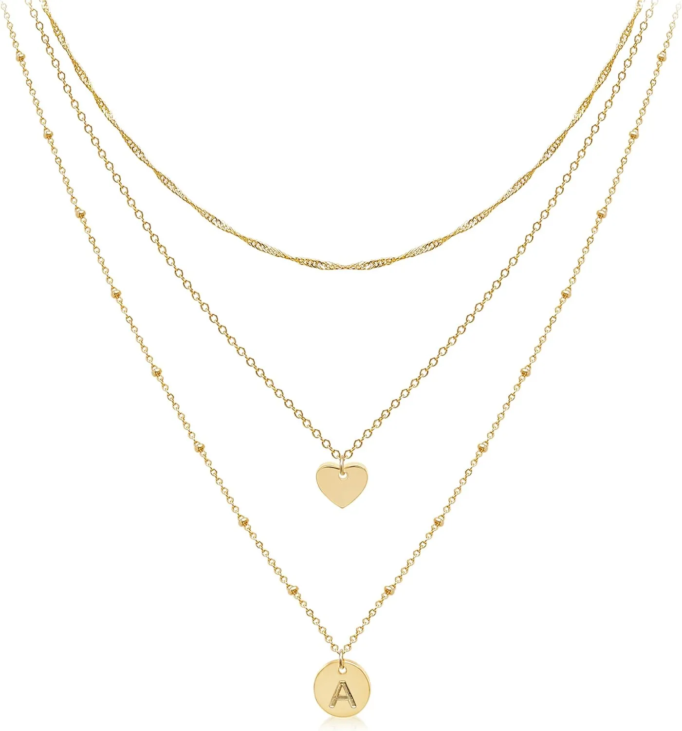 Aisansty Dainty Layered Initial Choker Necklaces Handmade 14K Gold Plated Tiny Heart Personalized Letter Disc Pendant Adjustable Chain Layering Gold Necklaces for Women Gift Jewelry