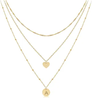 Aisansty Dainty Layered Initial Choker Necklaces Handmade 14K Gold Plated Tiny Heart Personalized Letter Disc Pendant Adjustable Chain Layering Gold Necklaces for Women Gift Jewelry