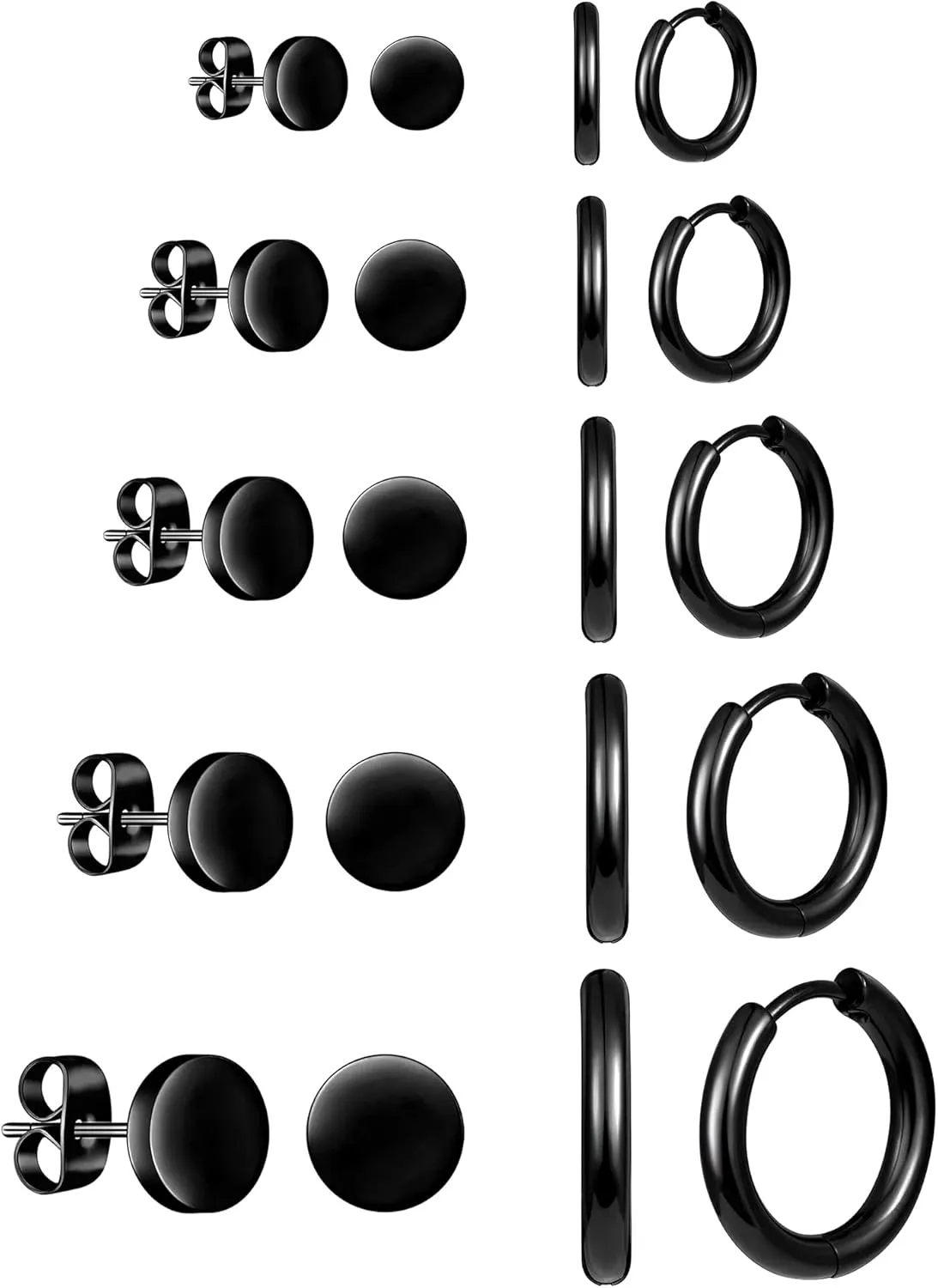 ALEXCRAFT Black Earrings for Men Small Stainless Steel Stud & Huggie & Hoop Earrings set for Men