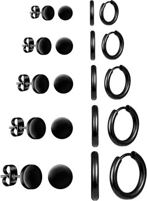 ALEXCRAFT Black Earrings for Men Small Stainless Steel Stud & Huggie & Hoop Earrings set for Men