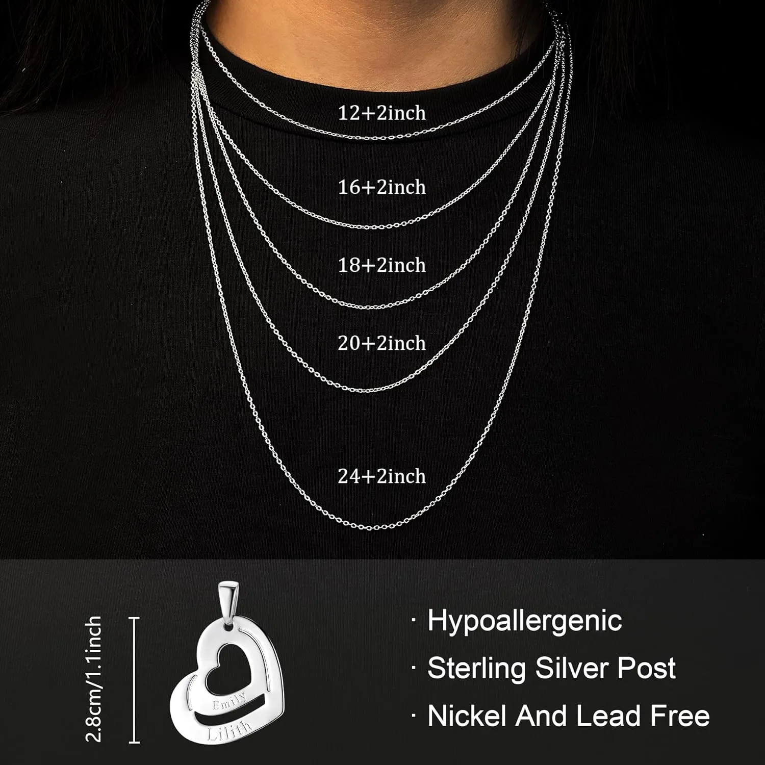 ALEXCRAFT Sterling Silver Multiple Name Necklaces for Women Personalized Custom Heart Name Necklaces Gold and Silver Engraved Name Letter Necklace for Jewelry Gifts