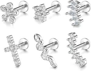 AllerPierce 6Pcs 16G Cartilage Earrings Cubic Zirconia Stud Earrings for Women Men Stainless Steel Forward Helix Tragus Daith Conch Piercing Jewelry Silver Gold