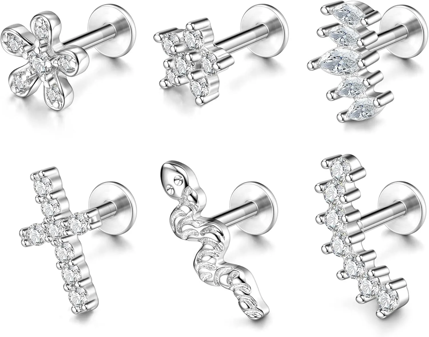 AllerPierce 6Pcs 16G Cartilage Earrings Cubic Zirconia Stud Earrings for Women Men Stainless Steel Forward Helix Tragus Daith Conch Piercing Jewelry Silver Gold