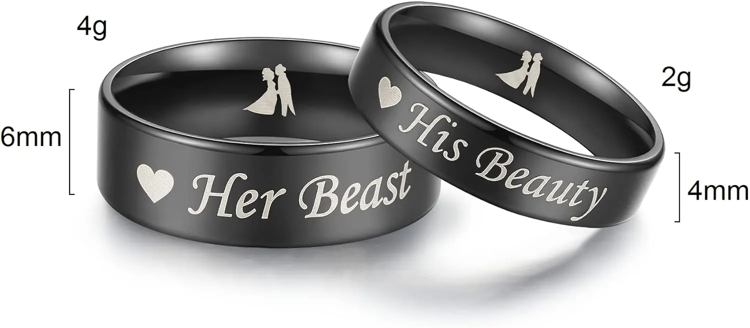 Amazing His Beauty Her Beast Titanium Stainless Steel Couple Ring Set Anniversary Engagement Promise Ring