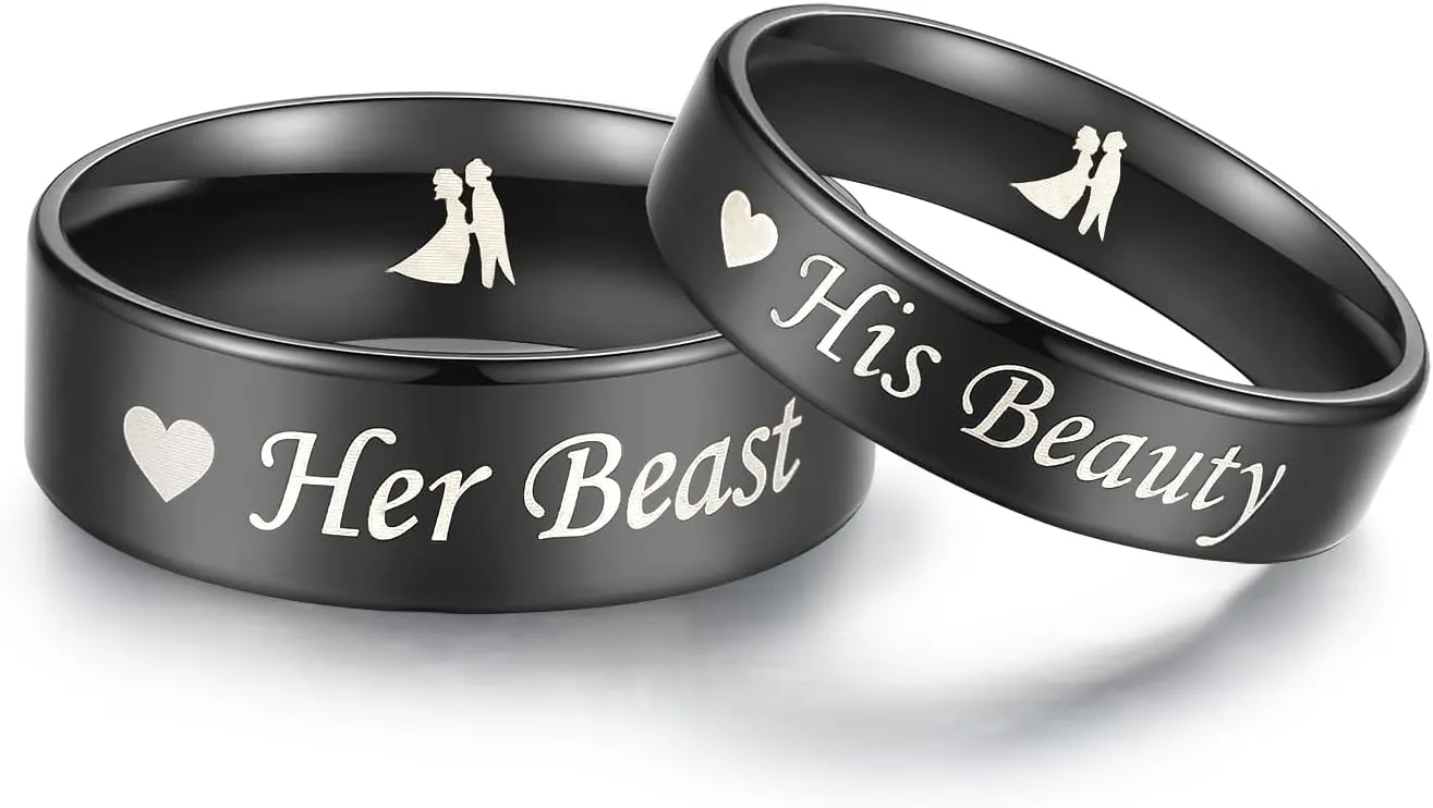 Amazing His Beauty Her Beast Titanium Stainless Steel Couple Ring Set Anniversary Engagement Promise Ring