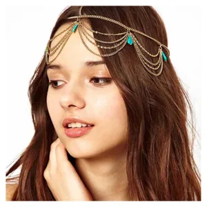 Andelaisi Boho Layered Head Chain Gypsy Hair Chain Headband Gold Turquoise Tassel Dangle Headchain Blue Gemstone Headdress Festival Wedding Headpieces Accessory Jewelry for Women