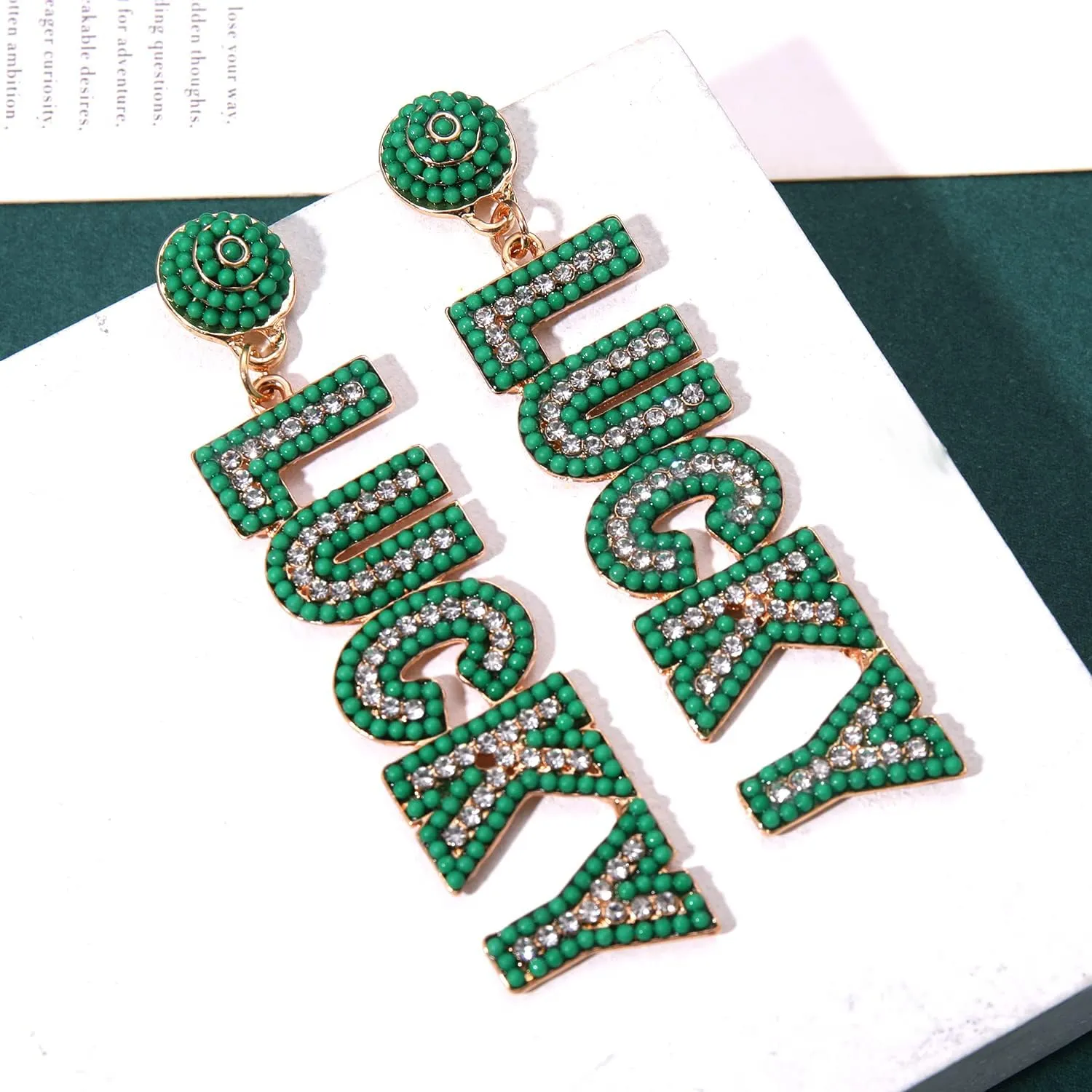 ANGLESJELL St.Patricks Day Earrings Green Shamrock Earring for Women Glitter Rhinestone Letter LUCKY Earrings Irish Holiday Jewelry Gifts