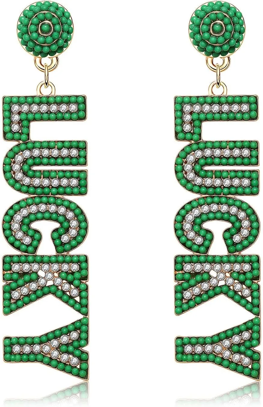 ANGLESJELL St.Patricks Day Earrings Green Shamrock Earring for Women Glitter Rhinestone Letter LUCKY Earrings Irish Holiday Jewelry Gifts