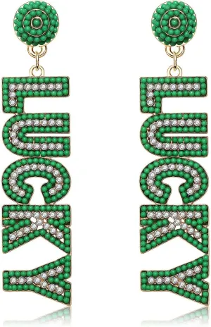 ANGLESJELL St.Patricks Day Earrings Green Shamrock Earring for Women Glitter Rhinestone Letter LUCKY Earrings Irish Holiday Jewelry Gifts