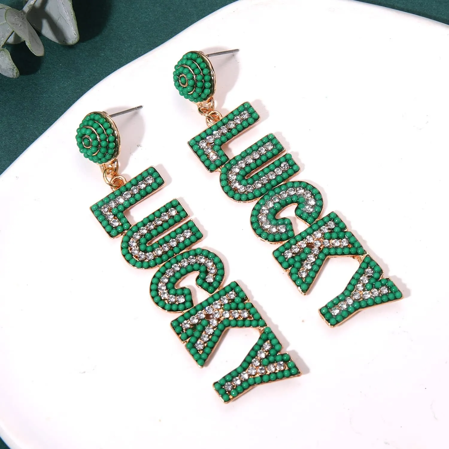 ANGLESJELL St.Patricks Day Earrings Green Shamrock Earring for Women Glitter Rhinestone Letter LUCKY Earrings Irish Holiday Jewelry Gifts